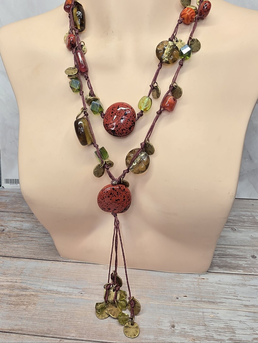 Chico's Artisan Lariat Necklace Glass Bead Statement Tassel NWT